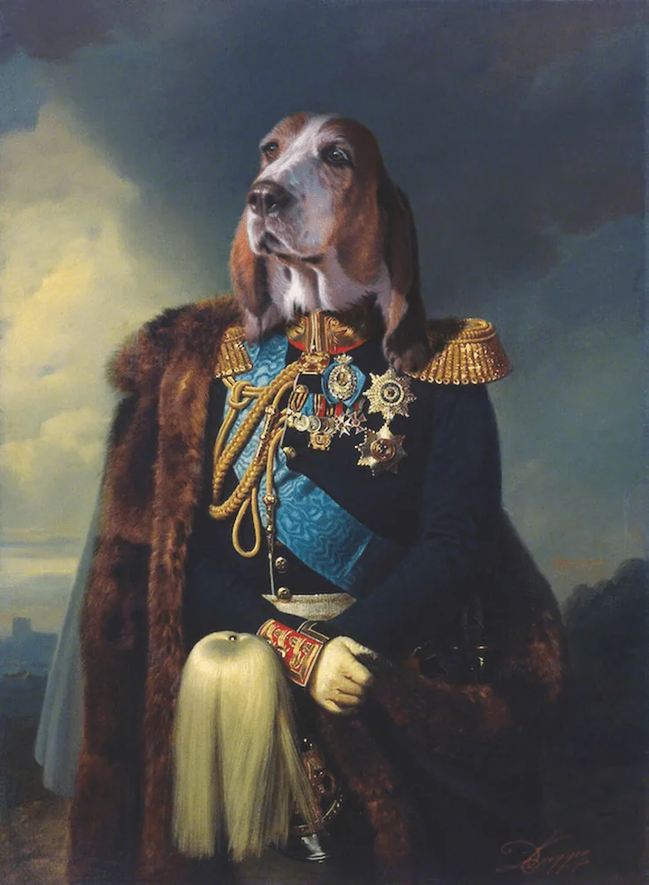 Portrait de chien bassethound en officier 100x70 cm — Daniel Trammer