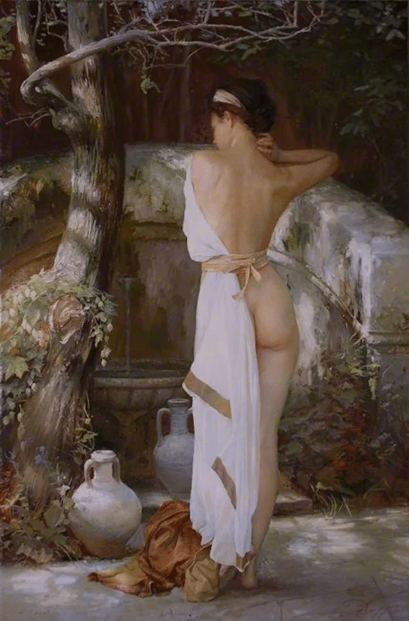 Portrait de la fille a la fontaine 60x90 cm — Daniel Trammer