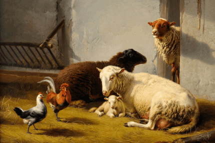 Moutons dans la bergerie 60 x 55 Cm