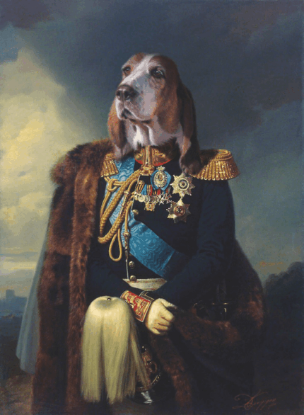 Portrait de chien bassethound en officier 100x70 cm